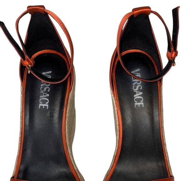 Versace Medusa Orange Coral Satin Espadrille Platform Wedge Sandals Size 41 - Picture 13 of 16